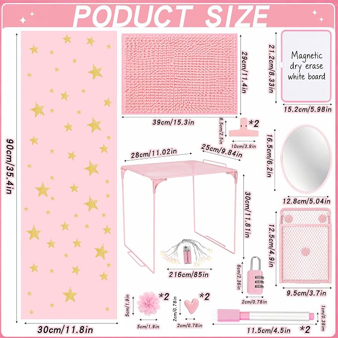 16 PCS Locker Accessories for Girls Magnetic Locker Decorations Kit with Shelf Mirror Whiteboard Pen Holder Rug Wallpaper Lights Locker Organizer Set for School Dorm Room Office Gym (Pink)