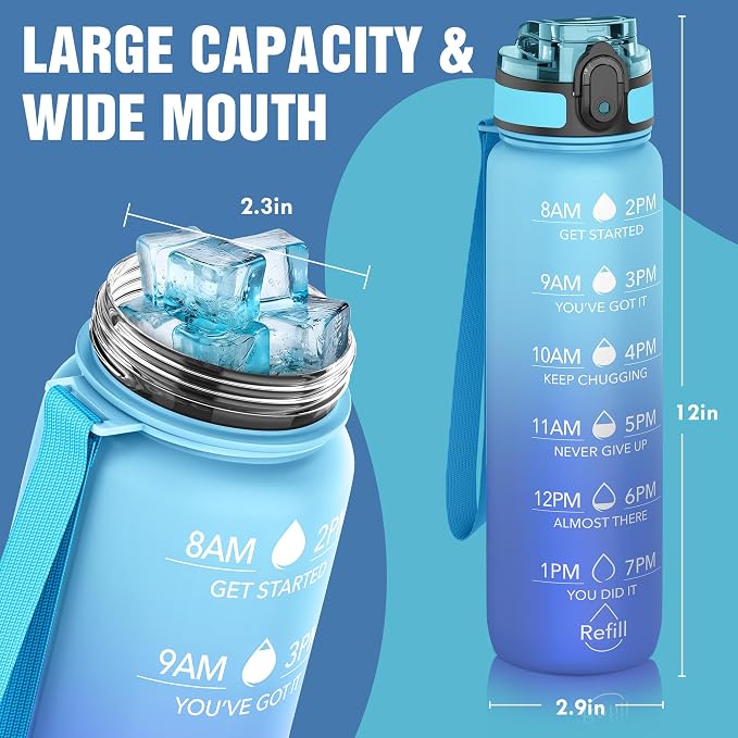 OLDLEY Water Bottle, 32oz Motivational Sports Water Bottle with Time Marker - Times to Drink - Tritan, BPA Free, Wide Mouth Leakproof,Sky