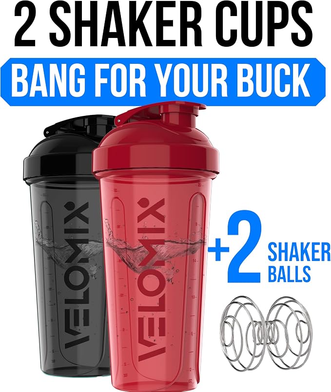 VELOMIX 2 Pack 28oz Protein Shaker Bottle for Protein Mixes, Red/Black | 2x Wire Whisk, Leak Proof Shaker Cups for Protein Shakes, Stackable, Dishwasher safe, BPA free, Pre Workout and Fitness ready