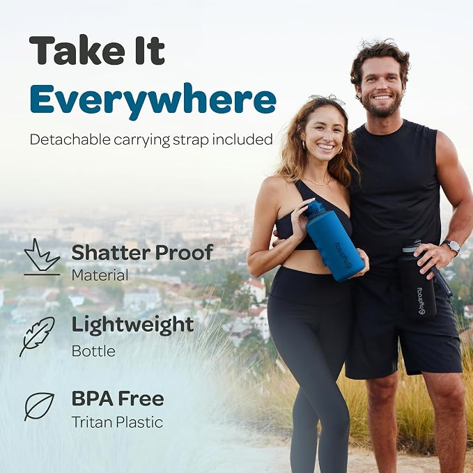 Hydracy 2L Large Water Bottle, Shatterproof, BPA Free Tritan Plastic, Leakproof, Zero Condensation, With Detachable Carry Strap, Spillproof Lid, Convenient Silicon Spout, Ideal for Gym, Yoga | Leakproof,BPA Free,No Sweat Neoprene Sleeve,Carry Strap,Dai...