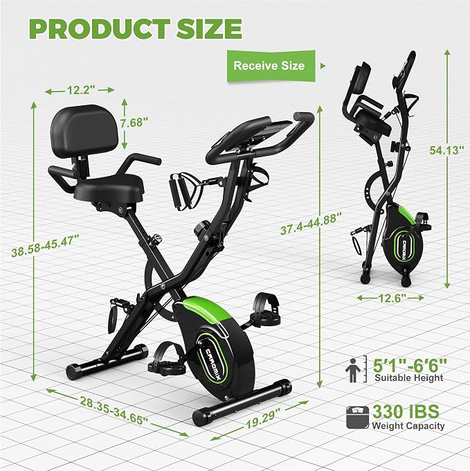 Caromix Folding Exercise Bike, 5 in 1 Stationary Bike with 16-Level Adjustable Magnetic Resistance, 330LB Capacity Indoor Workout Bike, Foldable Exercise Bike for Seniors and Adult