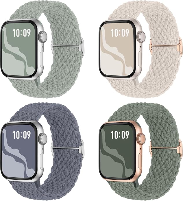 4 Pack Braided Stretchy Bands Compatible with Apple Watch 40mm 41mm 38mm 42mm 44mm 45mm 46mm 49mm Women Men, Breathable Nylon Elastic Daily Use Straps for iWatch Series 11/10 9 8 7 6 5 4 3 SE/Ultra 2