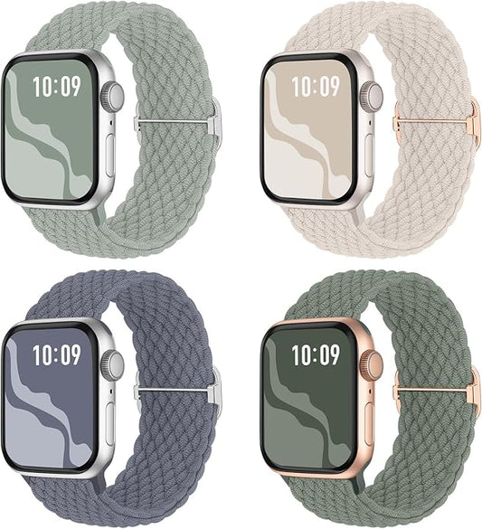 4 Pack Braided Stretchy Bands Compatible with Apple Watch 40mm 41mm 38mm 42mm 44mm 45mm 46mm 49mm Women Men, Breathable Nylon Elastic Daily Use Straps for iWatch Series 11/10 9 8 7 6 5 4 3 SE/Ultra 2