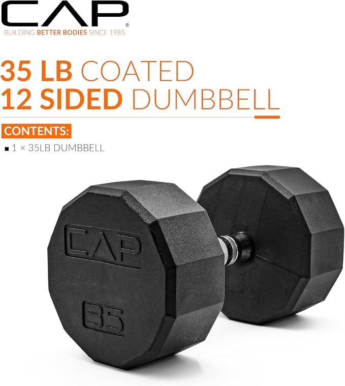 CAP Rubber Coated Dumbbell Weights, Free Weights for Home Gym Strength Training, Anti-Roll Hex Dumbbells with Black, Chrome & Comfort Grip Handles, Singles