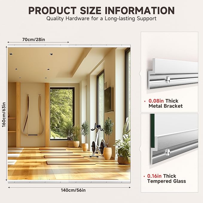 Home Gym Mirror, 63" x 28", 2PCS Large Full Body Mirror for Yoga, Silver Frameless Tempered Glass, Wall-Mounted Wall Mirrors for Home Gym, Workout, Garage, Bedroom, Bathroom, Dance Studio