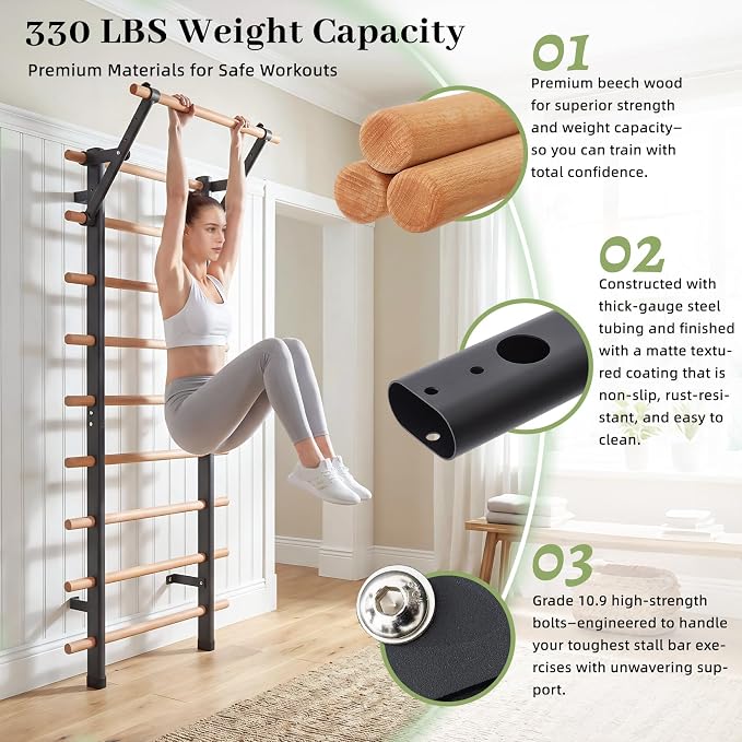 DHT Wood Stall Bar, Swedish Ladder Suspension Trainer with 9 Strategic Rods, for Home, Gym, School and Clinics, Black