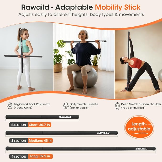 Yoga Stick, Upgraded 5ft Sturdy Steel Mobility Stick, Adjustable Exercise Equipment for Stretching, Flexibility & Balance, Physical Therapy & Posture Correction, Shoulder & Back Relaxation