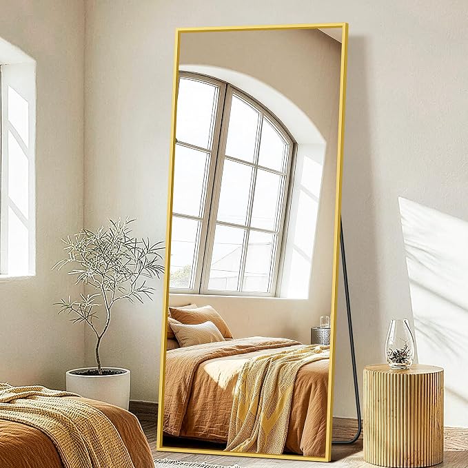 FICTOR Full Length Mirror with Stand, Floor Standing Mirror, 75"x35", Gold | HD Shatterproof Glass, Free-Standing or Wall-Mounted, Full Body Mirror for Bedroom, Living Room, Dressing Room, Entryway