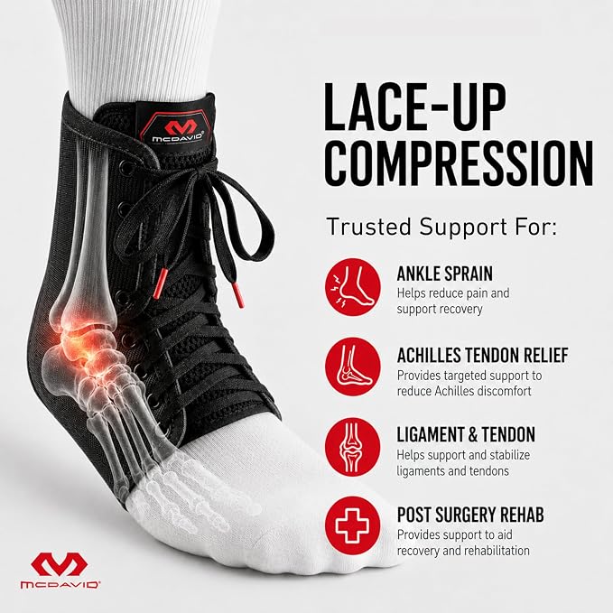 McDavid Adjustable Ankle Brace for Women Men, Sprained Ankle Support, Achilles Tendon Support, Injury Recovery, Lace Up Ankle Stabilizer Wrap for Running, Basketball, Volleyball, Soccer, Sports