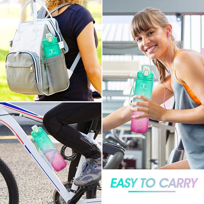 YC Kitchen 32oz Motivational Water Bottle with Straw & Carrying Strap | Leak-proof BPA Free Sports Water Bottles with Time Marker, with Times to Drink,Fitness, Gym, and Outdoor Sports