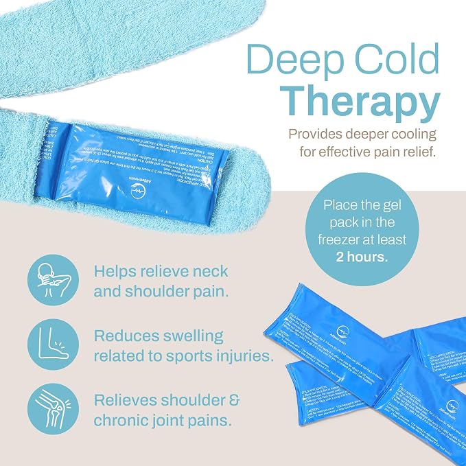 Ice Pack for Neck and Shoulders, Neck Ice Pack Wrap with 2 Reusable Packs | Cold Pack for Neck, Freezable Cooling Wrap, Post Surgery Tonsillectomy Recovery, Soft Plush Towel