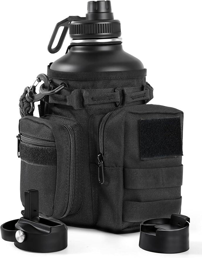 Tactical Half Gallon Water Bottle with Straw, 64 Oz Insulated Water Jug with Molle Water Bottle Holder, Stainless Steel Sport Bottle with 3 BPA Free Lids for Gym Workout Hiking (64oz-Black)