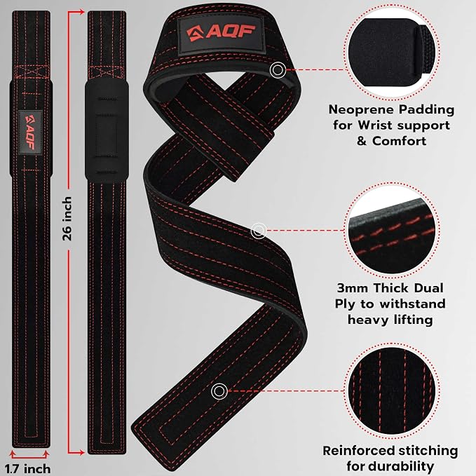 AQF Leather Weight Lifting Straps, Heavy Duty Wrist Strap for Powerlifting | Premium Suede Leather, Handcrafted Construction, Reinforced Dual Stitching, 3 mm thick & 66cm long, Sold as a Pair