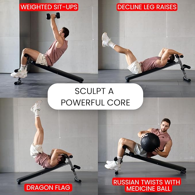 Finer Form Gym-Quality Adjustable Sit Up Ab Bench & Decline Weight Bench for Home Gym Strength Training. Supports 660lbs. Extended Backrest for Support. Great for Decline Bench Press & Core Workouts