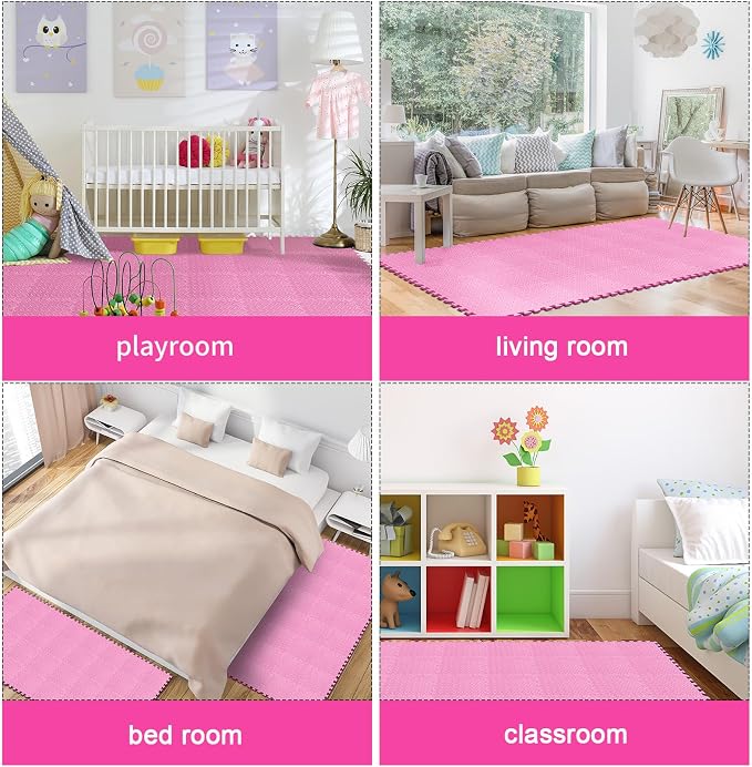 Foam Floor Tiles Foam Floor Mats Play Mats Bulk with Borders Interlocking for Bedroom Gym Nursery(11.8 x 11.8 Inch,Light Pink)