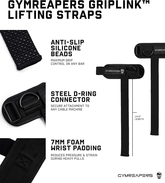 Gymreapers GripLink Lifting Straps – Heavy Duty D-Ring Weight Lifting Wrist Straps with Anti-Slip Silicone Grip Beads, Adjustable Support for Deadlifts, Powerlifting, Cable Machines & Gym Training