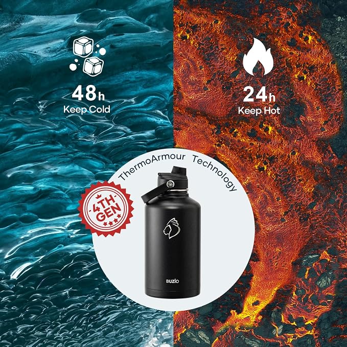 BUZIO 64 oz Insulated Stainless Steel Water Bottle with Dust-proof Lids | Half Gallon Water Jug (Dishwasher Safe), Cold for 48 Hrs, Triple Wall with Copper Plating, for Gym, Hiking, Camping, Black