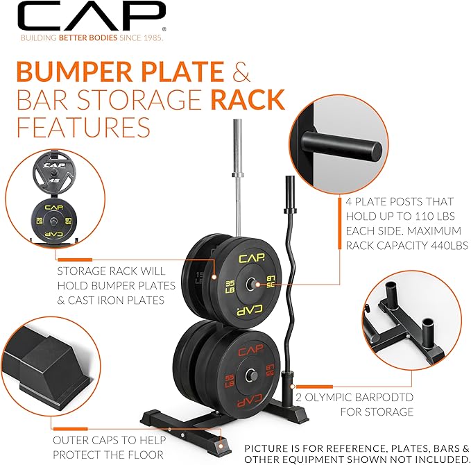 CAP Olympic Bumper Plate Tree Rack with Barbell Holders, Heavy-Duty Weight Plate Storage Rack for Home Gym, Steel Olympic Plate Organizer Stand, Multiple Color & Size Options