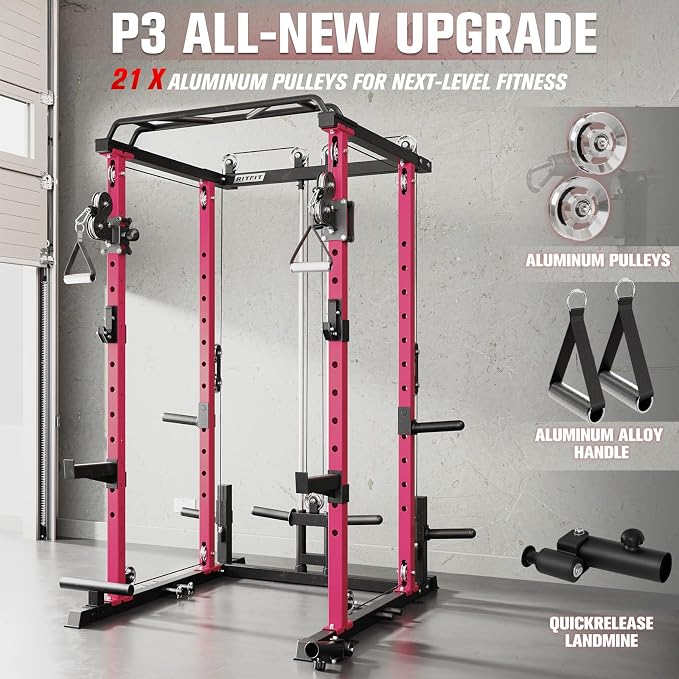 RitFit PPC-P3 Power Cage with Cable Crossover System, 1200LB Capacity | LAT Pulldown & Cable Crossover System with Bumper Plate Set, Olympic Barbell, Bench