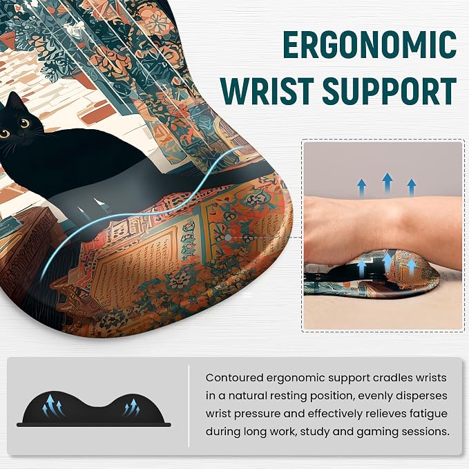 Ergonomic Mouse Pad with Wrist Rest, Gel Wrist Support, Cozy Cat | 10.2 x 7.6 in Mouse Pad with Smooth Fabric Surface and Non-Slip Rubber Base for Office, Home, Study, and Gaming