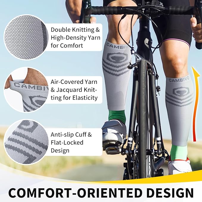 CAMBIVO Calf Compression Sleeve for Men Women Footless | Graduated Compression, Shin Splint Relief, Moisture Wicking, Running Standing Travel, 4D Knit Anti-Slip, Varicose Veins