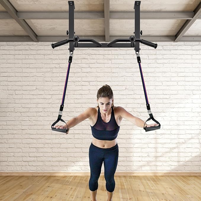 SELEWARE Heavy Duty Welded Pull Up Bar Wall/Joist/Ceiling Mount Chin Up Bar | Multifunctional Pull-up Bars w/Resistance Band Hooks for Home Gym Strength Training, Sturdy Steel Construction Support 500 lb