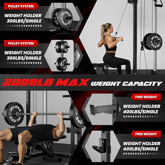JELENS C21 Power Cage, 2000LBS Multi-Function Power Rack with Independent Dual Pulley System, All-in-One Squat Rack for Cable Crossover, Home Gym Workout Machine