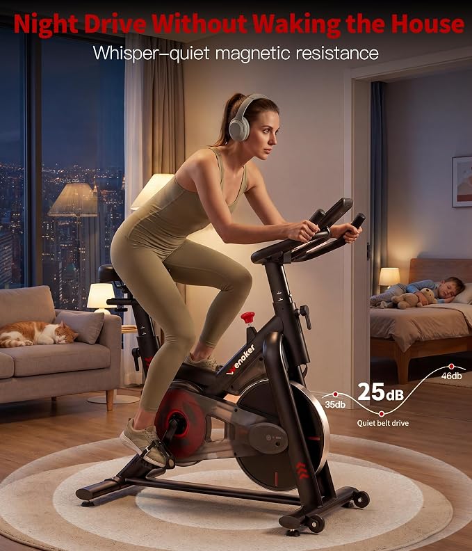 Wenoker Exercise Bike for Home, Magnetic Stationary Bike with App Sync, Indoor Cycling Bike with Adjustable Seat & Handlebar, Quiet Belt Drive, LCD Monitor, Tablet Holder & Transport Wheels for Cardio Workout