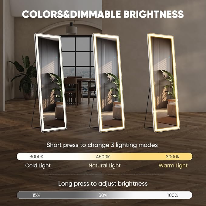 OLIXIS LED Full Length Mirror with Lights, Full Body 16x60 | Standing Lighted Floor, 3 Color Lighting, Wall Mounted Bedroom Bathroom Entryway, Tempered Glass