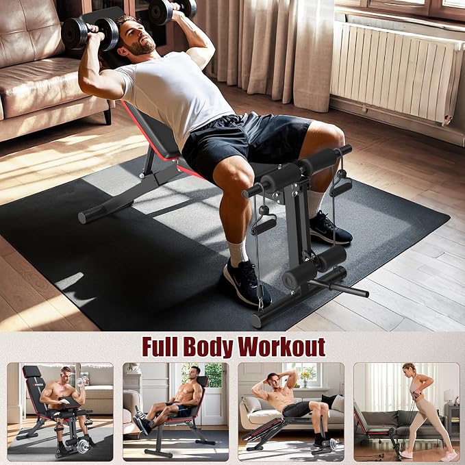 XDDIAS Adjustable Weight Bench, Workout Bench with Leg Extension and Preacher Curl Pad, Weight Bench for Home Gym, Foldable Exercise Bench, Quick Adjustment Incline Bench Press