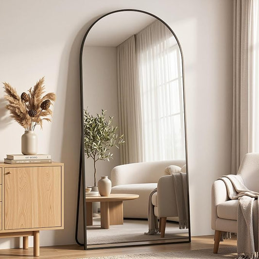 76"x34" Arched Full Length Mirror with Stand, Free Standing Leaning Wall Mounted Aluminum Alloy Frame Mirror for Bedroom Living Room Cloakroom, Black