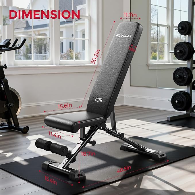 FLYBIRD WB5 Weight Bench, ASTM-Certified 800LBS Adjustable Weight Bench Workout Bench Foldable for Home Gym, 90° to -30° FID and 30in Extended Backrest for Bench Press Strength Training Exercise