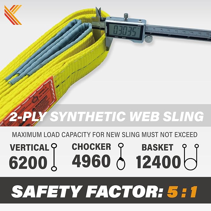 2-Ply Lifting Sling Straps 2”x 6ft - 6200lbs Vertical Capacity Heavy Duty Flat Eye Lift Sling, for Rigging Moving Towing Hoisting -2Pack - Kodiak Straps