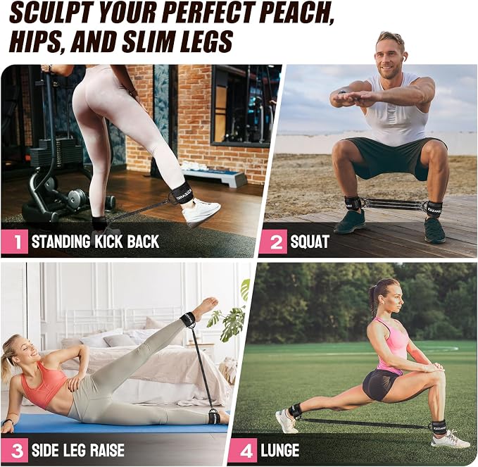 KUZARO Ankle Resistance Bands with Cuffs, Ankle Weights Bands for Working Out, Women Leg and Glutes Workout Equipment, Exercise Bands for Kickbacks, Butt and Booty Trainer, Home Gym Fitness Equipment
