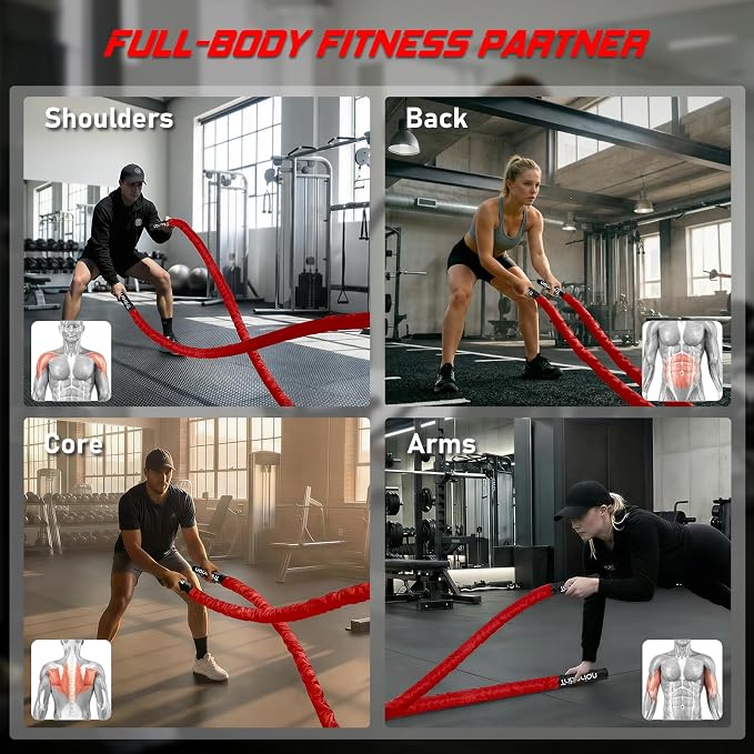 Battle Rope for Home Gym Workout - 1.5 Inch 30ft Heavy Weighted Training Exercise Ropes Fitness Equipment with Sleeve and Anchor Strap Kit for Outdoor Working Out - Red