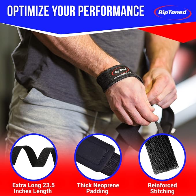 Rip Toned Lasso Lifting Straps for Weightlifting, 23¼" Padded | 1 Pair, cotton, non-latex neoprene. No break-in. Quick release. Deadlifts, rows, shrugs, pull-ups. Machine washable.
