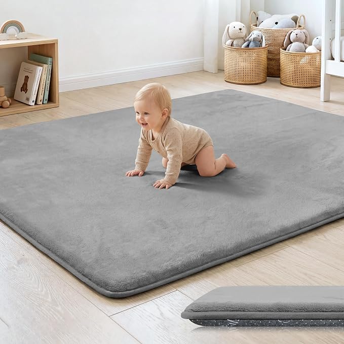 1.3" Thick Baby Floor Play Mat 50x50 Padded Foam Mat, Light Grey | Memory Mat for Baby to Play on Floor Waterproof Easy Care with Non-Slip Tummy Time Play Mat for Nursery Playroom Classroom