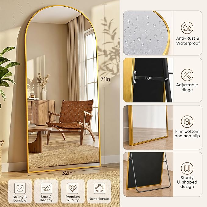 Full Length Mirror, 71"x32"Arched Floor Mirror Freestanding, Floor Standing Full Body Mirror with Stand for Bedroom, Hanging Mounted for Living Room Cloakroom