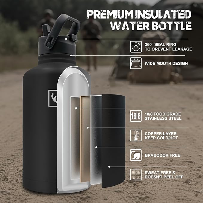 NATURE PIONEOR 64 oz Tactical Water Bottle with MOLLE Bottle Pouch & 3 Lids | 18/8 Food-grade Stainless Steel, Double Vacuum Insulation, 3 Leak-proof Lids, Handle, Strap, Camping, Hiking, Gym, Work