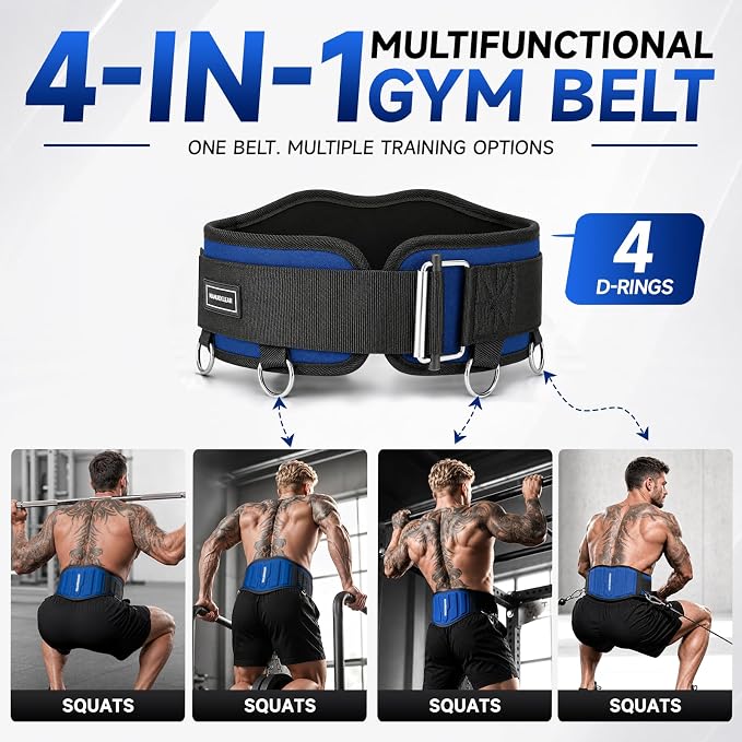 MANUEKLEAR 4-in-1 Weight Lifting Belts for Back Support, Dip Belt with 38.5 IN Rope for Weightlifting Pull Up, Weight Belt for Men Women