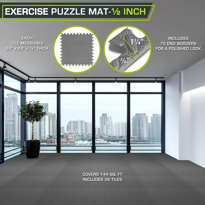 ProsourceFit Exercise Puzzle Mat ½-inch, EVA Interlocking Foam Floor Tiles for Home Gym, Workout Equipment, Kids Play Areas, Grey, 144 SQ FT - 36 Tiles