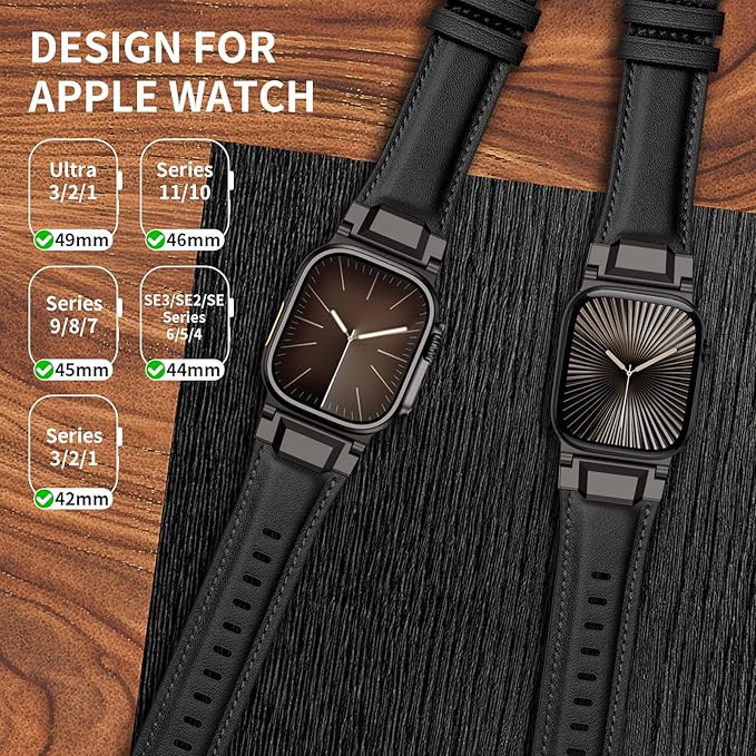 Bands Compatible with Apple Watch Ultra 3/2/1 Band 49/46/45/44mm | Genuine Leather Metal Connector Strap for iWatch Ultra Series 11/10/9/8/7/SE/6/5/4/3/2/1, Black/Black