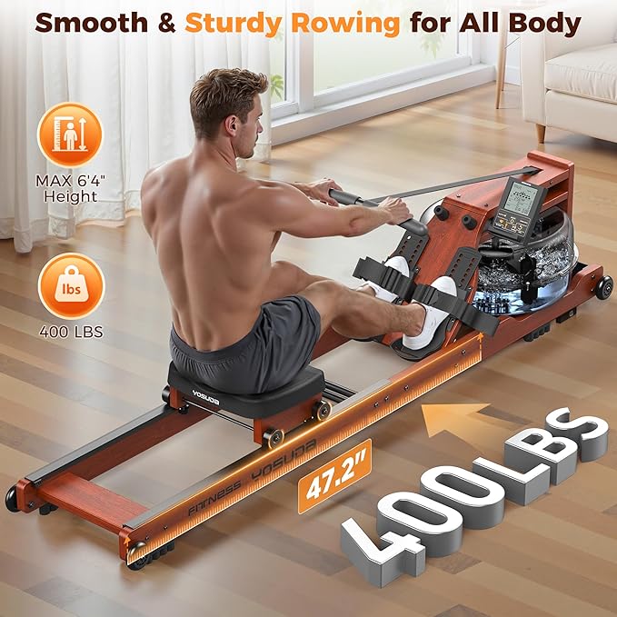 YOSUDA Water Rowing Machines for Home Use - Wooden Foldable Immersive Water Rower Machine 400LBS Weight Capacity with Dedicated Monitor & Bluetooth APP, Large Tank, Comfortable Seat