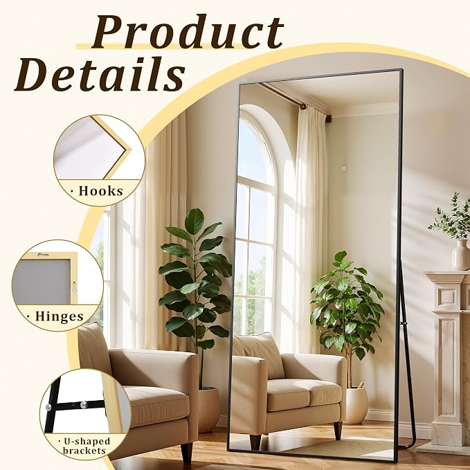 BEAUTYPEAK 86"x40" Rectangle Full Body Floor Mirrors, Full Length Mirror | Large Black Mirror with Stand for Bedroom, Dressing Room, Leaning, Standing or Hanging Horizontally/Vertically
