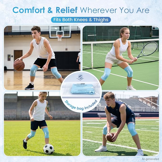 ComfiTECH Youth Knee Gel Ice Pack Wrap Sleeves, 2 Packs, L | 360 Full Coverage, Soft Flexible After Frozen, Custom Fit For Teen Athletes, Relieve Knee Soreness & Ligament Strains
