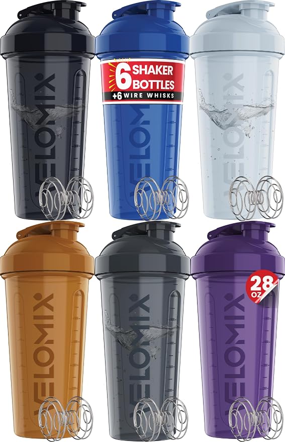 VELOMIX 6 Pack 28oz Protein Shaker Bottle for Protein Mixes, Elemental Mix | 6x Wire Whisk, Leak Proof Shaker Cups for Protein Shakes, Stackable, Dishwasher Safe, BPA Free, Pre Workout and Gym Ready