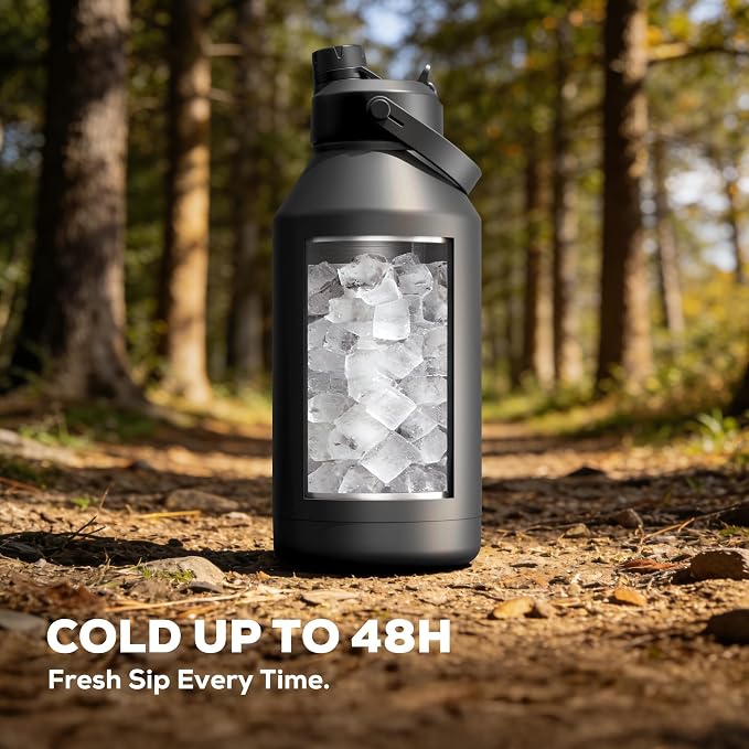 POWCAN 64 oz Insulated Water Bottle for Sports: 2-in-1 Straw & Spout Lid, Leakproof, Carrier Bag, Shoulder Strap, Keep Cold 48H, BPA-Free, Half Gallon Metal Water Jug for Gym, Travel, Gift (Midnight)