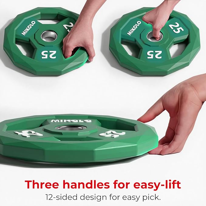 Mikolo Olympic Weights Set 2-Inch Rubber Coated Plates, 12-Sided Non-Roll Weight Plates Grip with 3 Handles for Home Gym, Strength Training, Single, Pair and Sets(5/10/15/25/35/45 LB)