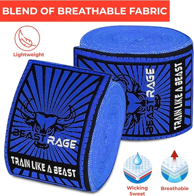 BEAST RAGE Boxing Hand Wraps for MMA Kickboxing Wrist Wraps Professional Adult 180" Semi-Elastic Martial Arts Inner Gloves Heavy Bag Handwraps Muay Thai Thumb Straps