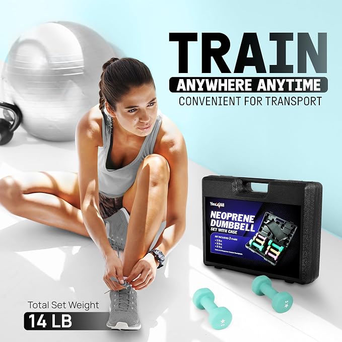 Yes4All Neoprene Coated Dumbbell Hand Weight Sets - Multiple Weight Options with Rack, Anti-roll, Anti-Slip, Hexagon Shape